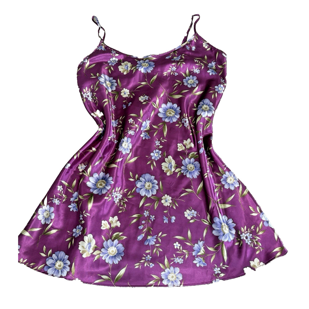Private Luxuries Satin Slip Nightgown Women M Purple Multi Paisley Floral